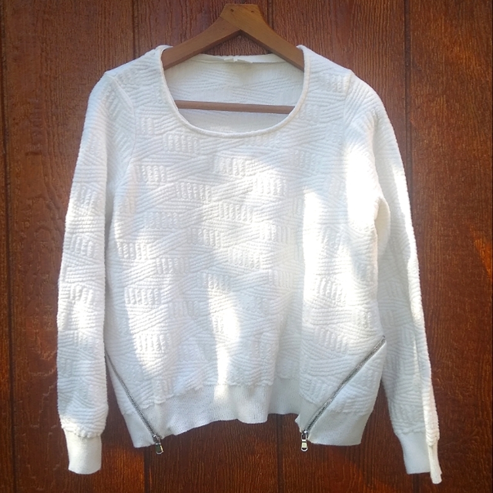 Anthropologie MOTH White Cotton Detail Knit Pullover Zipper Sweater Medium Petit